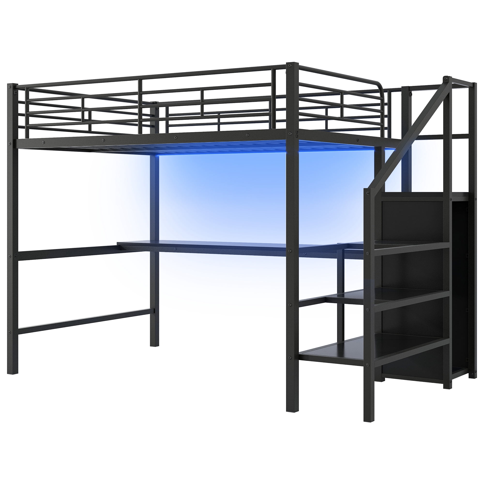 Euroco Metal Full Size Loft Bed with Desk and LED Light, Storage Staircase and Open Wardrobe, Black