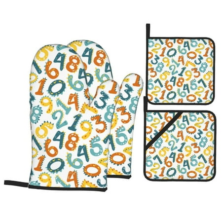 

Oven Mitts and Pot Holders 4 pcs Set cartoon Math number Print Heat Resistant Silicone Oven Mitts Pot Holders for Kitchen Baking Cooking Non-Slip Oven Gloves Hot Pads Potholders