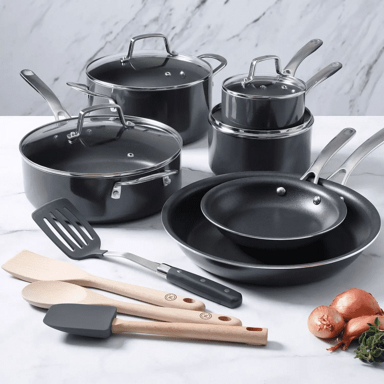 Martha Stewart 14-Piece Gray Ceramic Interior Cookware Set Martha Blue -  HapyDeals