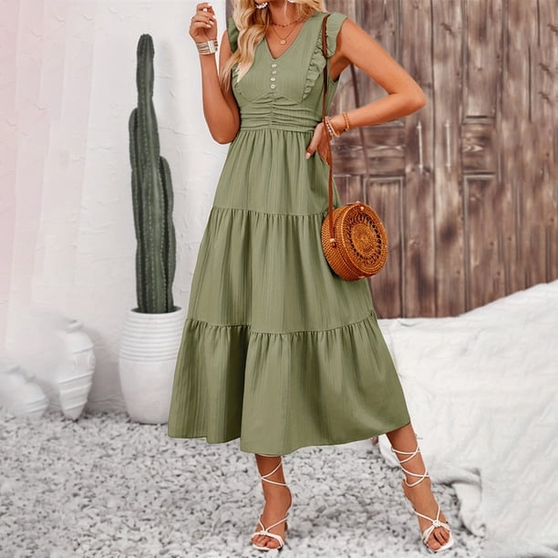 WILLBEST Vestido De Mujer Con Volantes Ajustados De Color Liso Jacquard, Vestido Largo Sin Mangas Para Primavera Y Verano, Vestido De Mujer, Vestido De Pastel