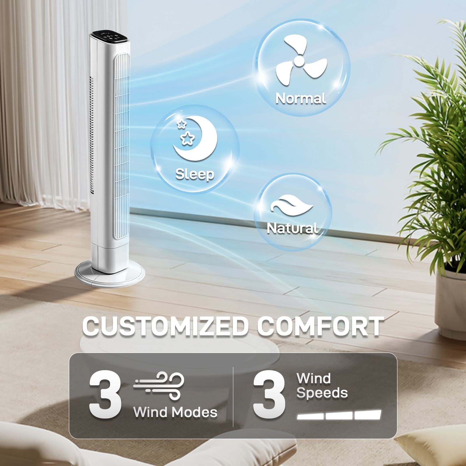 Tower Fan, 110V 45W, 36 Inch, Column Shape, White Plastic Body, Copper Motor, Touch & Remote Control, 3 Speeds, 3 Modes, Oscillating Function, 9-Hour Timer