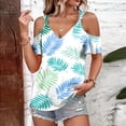 thumbnail image 2 of Women Casual Summer Hawaiian Print Tie Strap Cold Shoulder Round Neck Short Sleeve T Shirt for Daily Wear Vacation Beach Light Green L, 2 of 4