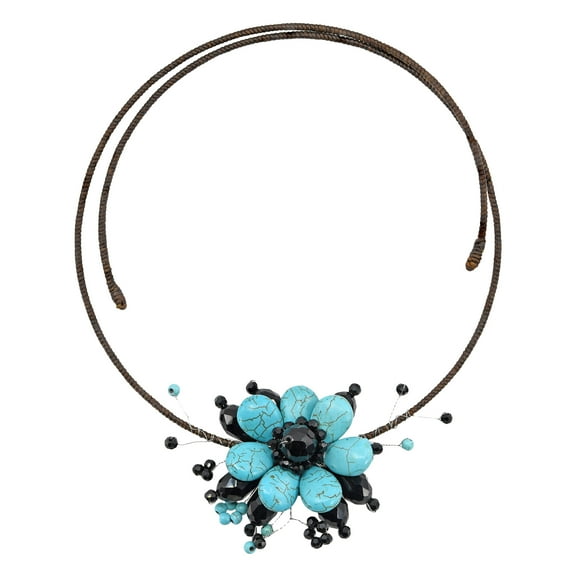Stylish Simulated Black Onyx & Blue Turquoise Flower Choker Necklace