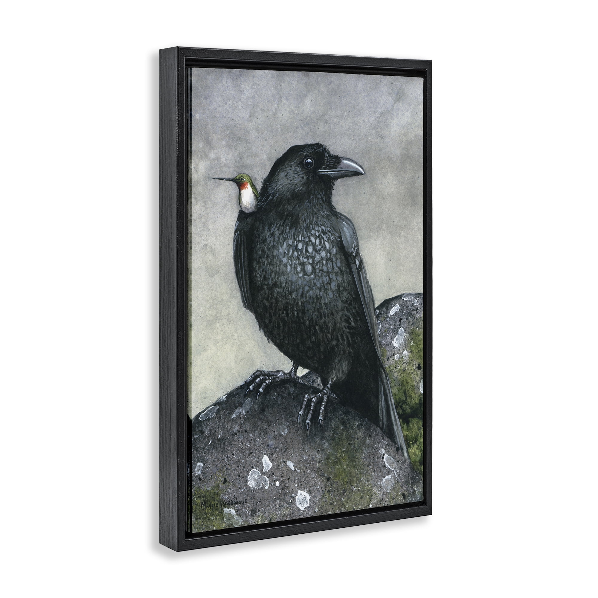 Stupell Industries Crow & Hummingbird Perched Animals & Insects Painting Black Floater Framed Canvas Art Print Wall Art, 21 x 31