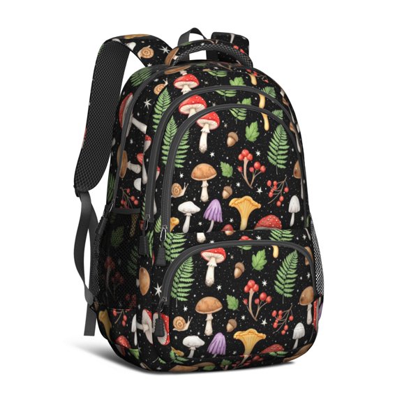 Mushroom and Fern Black Pattern Backpack for School, Cute School Bag with Adjustable Shoulder Straps and Padded Back, 16.9"x12.6"x5.9"