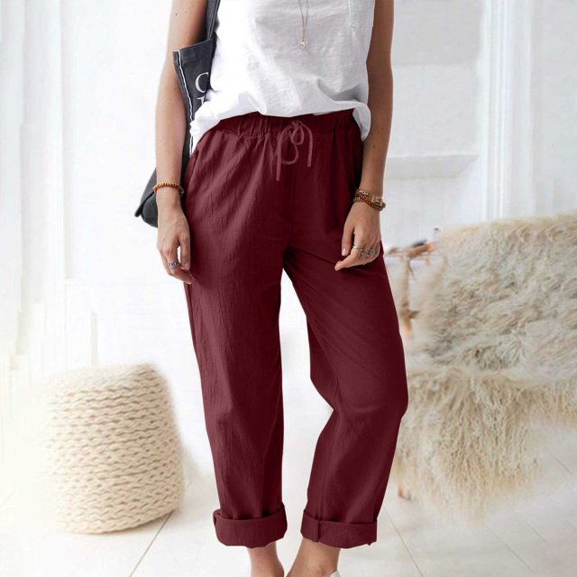 Women's Straight Pants Elastic Waist Casual Trousers Pants With Pockets