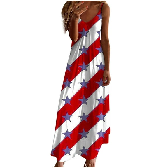 Cmfcve Women’s 4th of July Patriotic Dresses Sleeveless V-neck Summer Maxi Dress Flowy Printed Bohemian Vacation Dresses