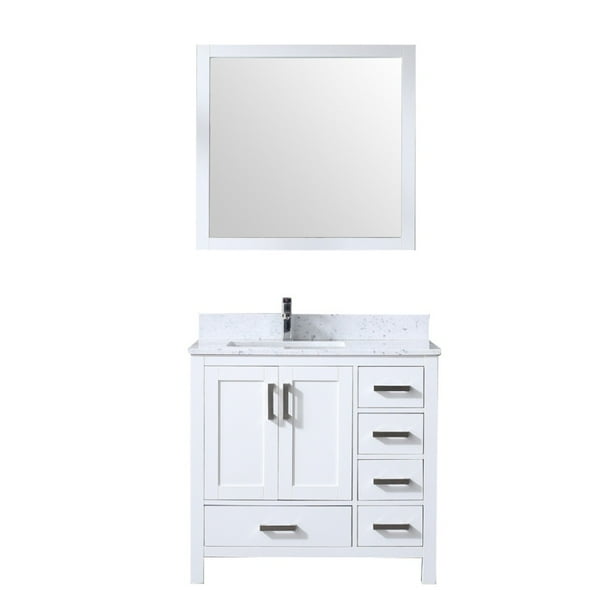 Jacques 36 White Single Vanity Carrara Marble Top Square Sink And 34 Mirror Left Version Com Jacques 36 White Single Vanity, Single White Vanity Marble Top