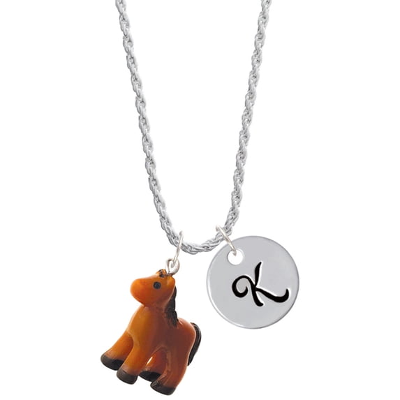 Delight Jewelry Resin Brown Pony Silvertone Script Initial Disc - K - Charm Necklace, 20"+3"