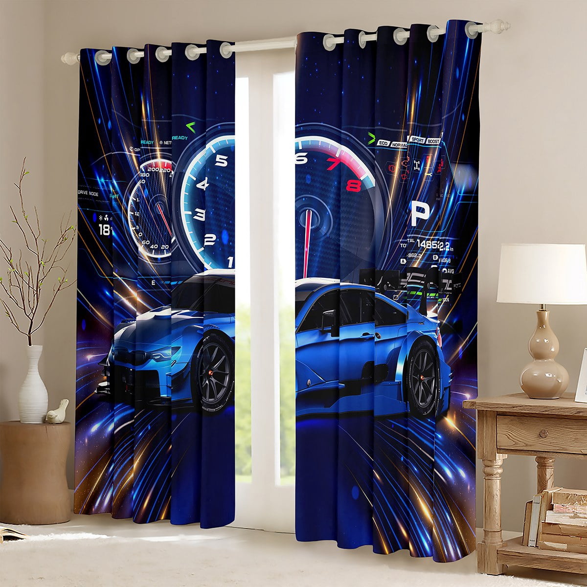Sports Car Curtains for Bedroom,Race Car Curtains & Drapes Cool Speed Race Sports Car 30%-50% Blackout Curtains Young Man Extreme Sports Theme Window Curtains 42Wx84L,Blue