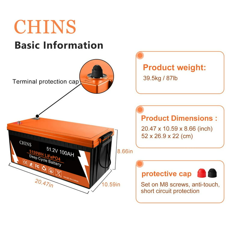 Chins Smart LiFePO4 Lithium Iron Battery 48V 100Ah for Solar Home, Orange