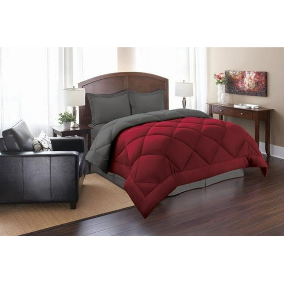 Goose Down Alternative Reversible Comforter -  All Season-Full/Queen, Red/Gray