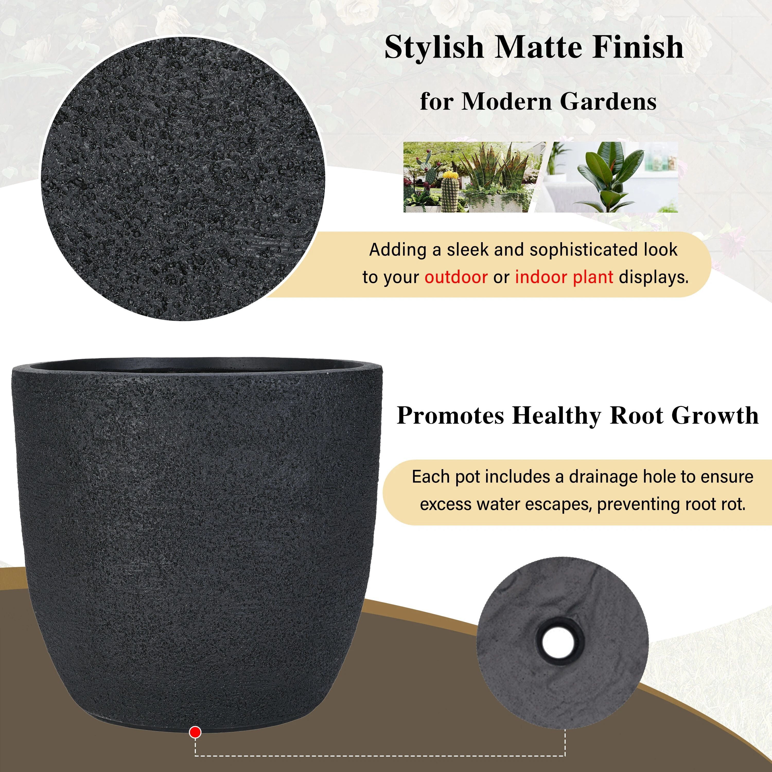 Euroco Lightweight Flower Pot Set of 3, 16.93"+13.98"+11.22" Dia Round Concrete Stackable Planter with Drainage Holes and Rubber Plug,Modern Decorative Pots for Indoor Outdoor,Patio Garden Balcony