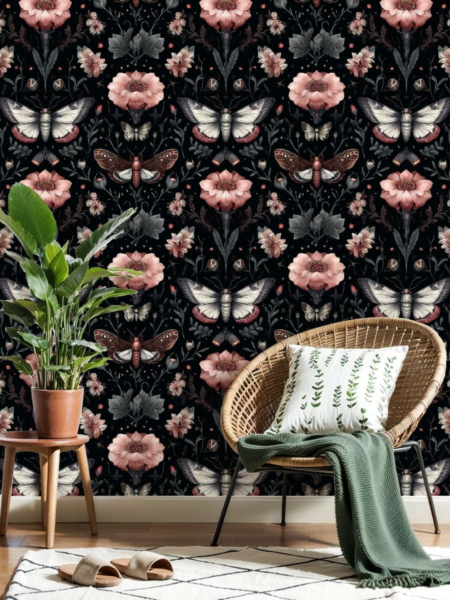 Peel and Stick Wallpaper Moths Floral Pink Flowers Dark Botanical Wall Mural 23.6in x 9.8ft Self Adhesive Removable Wall Paper Renter Friendly Wallpaper for Nursery Bedroom Cabinets