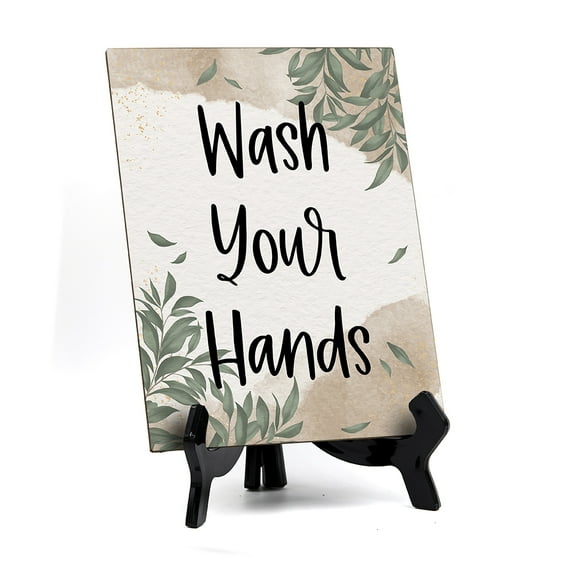 Signs ByLITA Wash Your Hands Table Sign with Green Leaves Design (6 x 8")