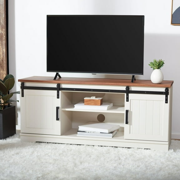 SAFAVIEH Braelynn 2-Shelf 2-Door Media Stand White Washed / Walnut