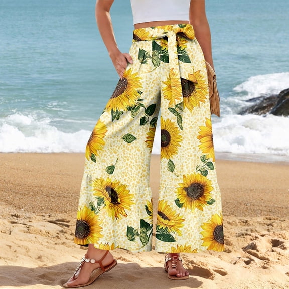 Women’s Casual Pants Flared Leg Wide Leg with Ties Ruffle Harem Palazzo Pants with Pockets Yellow S