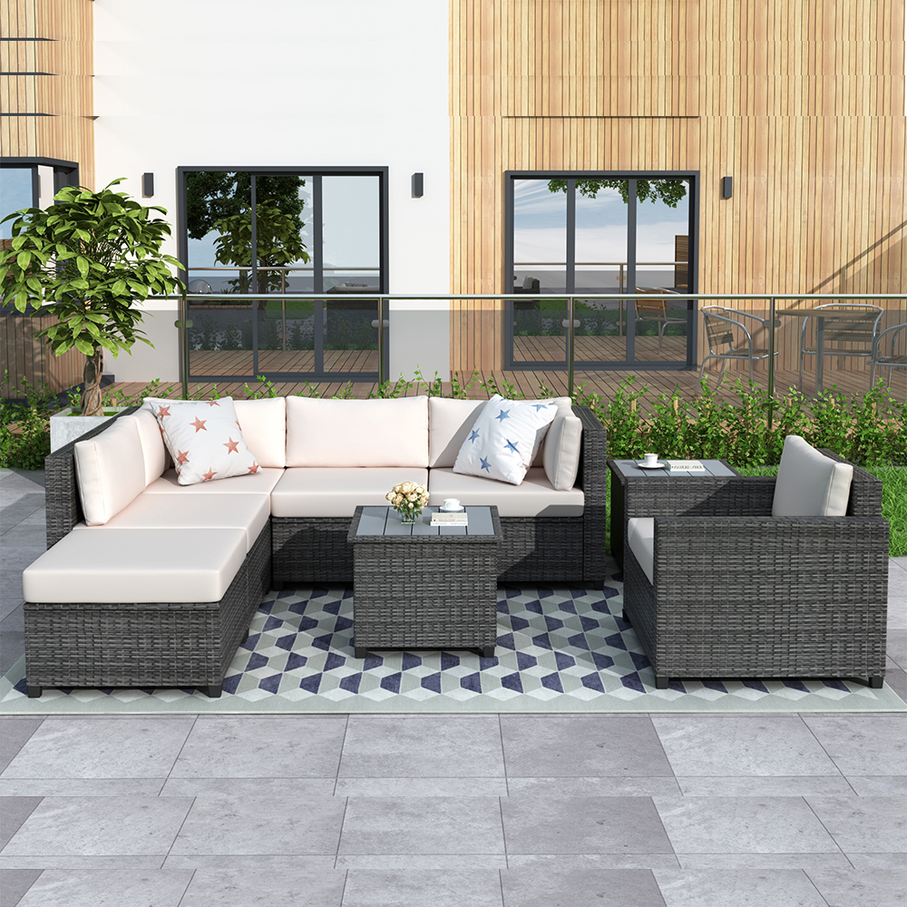 8 Pieces Patio PE Rattan Sofa Chair Set, Outdoor Sectional Seating Group, Low Back Deck Conversation Sofa Set w/Ottoman, 2 Tables and Beige Cushions, Porch Garden Poolside Balcony Use Furniture - image 5 of 10