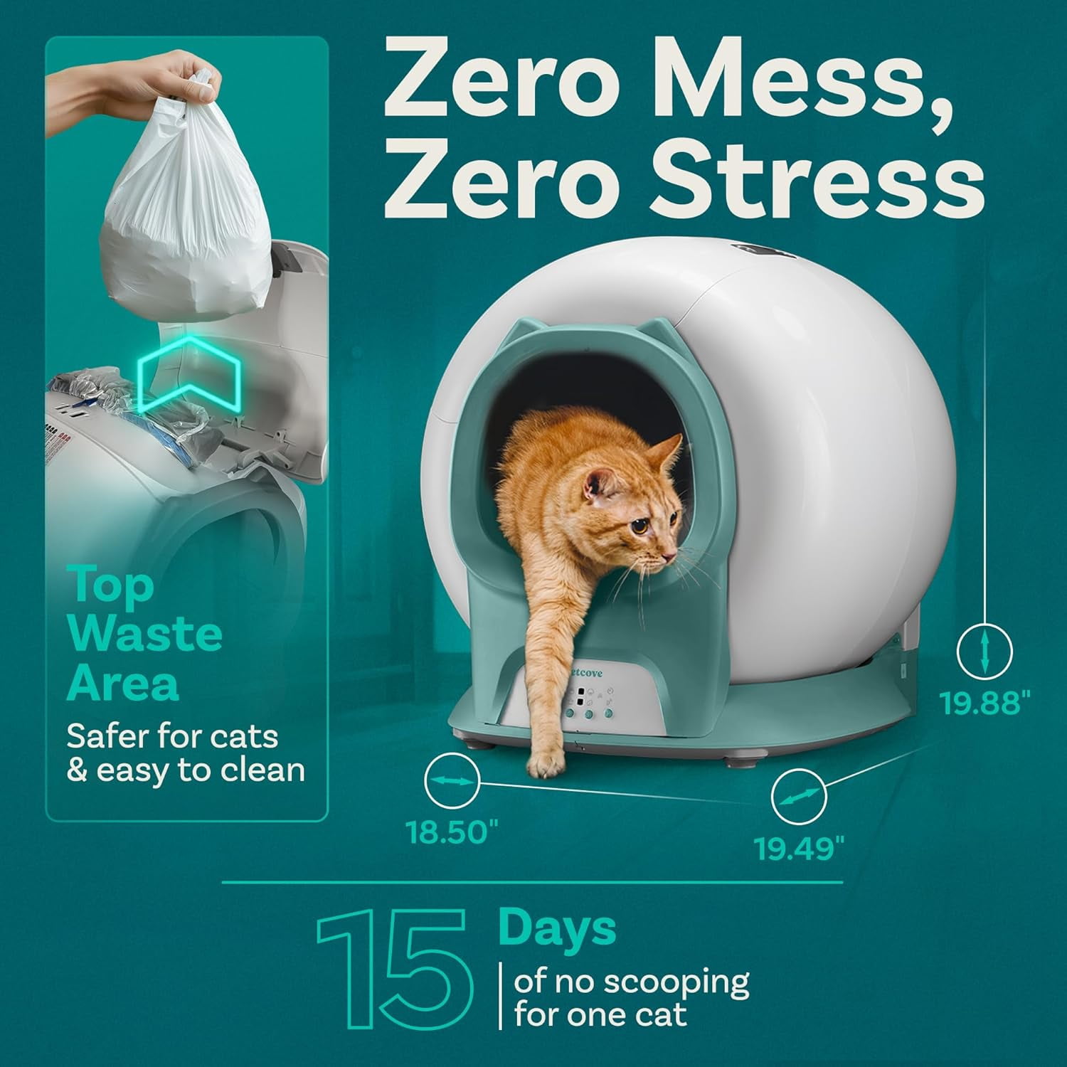 Petcove Automatic Litter Box Self Cleaning for Cats with App Control – Smart Cat Litter Box, Odor Control, for Multiple Cats - Teal