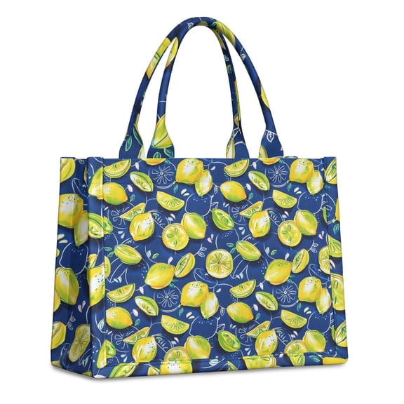 Large Capacity Tote Bag,Yellow Lemon Fruit Slices Blue Pattern Handbag Fashion Luxury Tote Bag,15.7"x13"x 5.1" Inches,Laptop Compatible