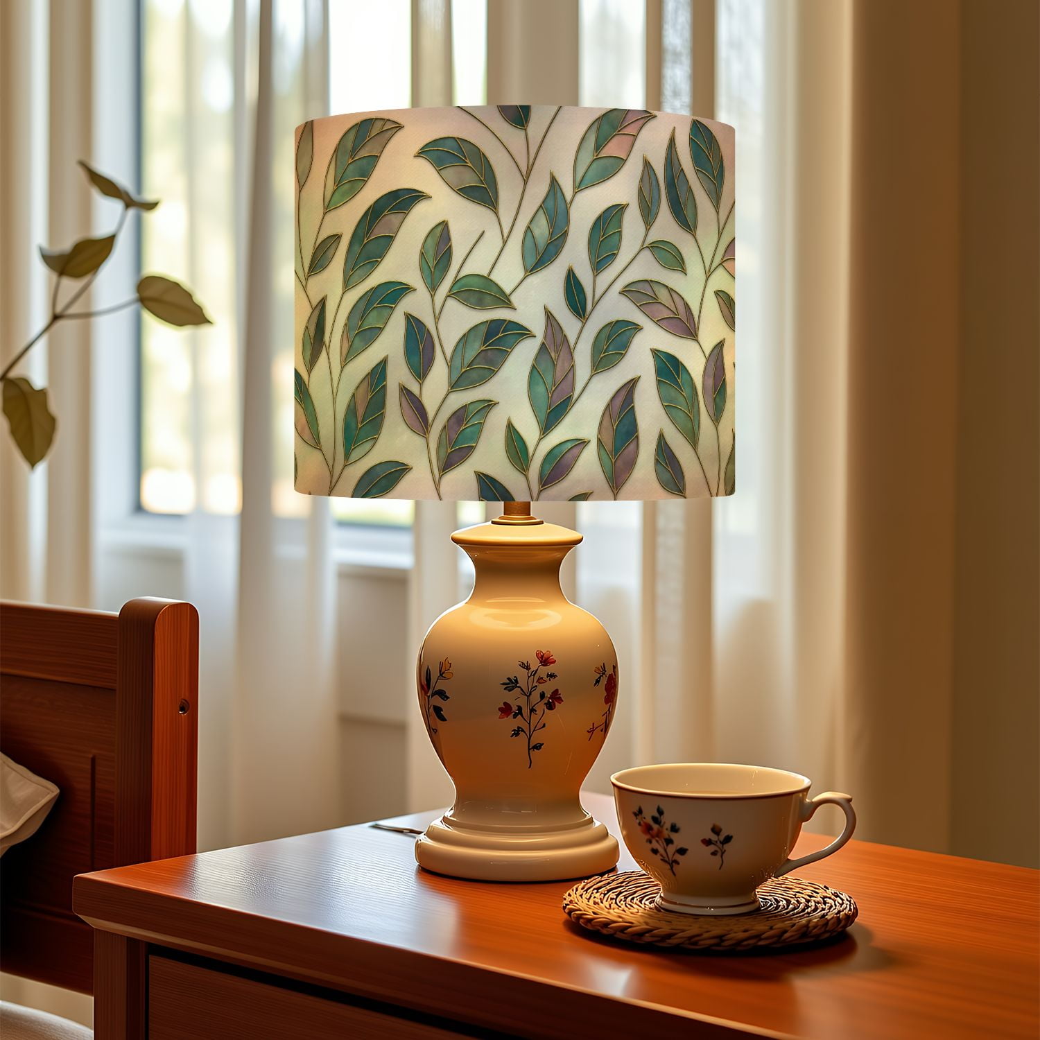 Linen Drum Lampshades Green Leaves Stained Glass 13"x13"x10" Light Shade for Table Lamps Floor Lamps Drum Lamp Shades Chandelier Lamp Shades Lampshade Replacement Assembly Required