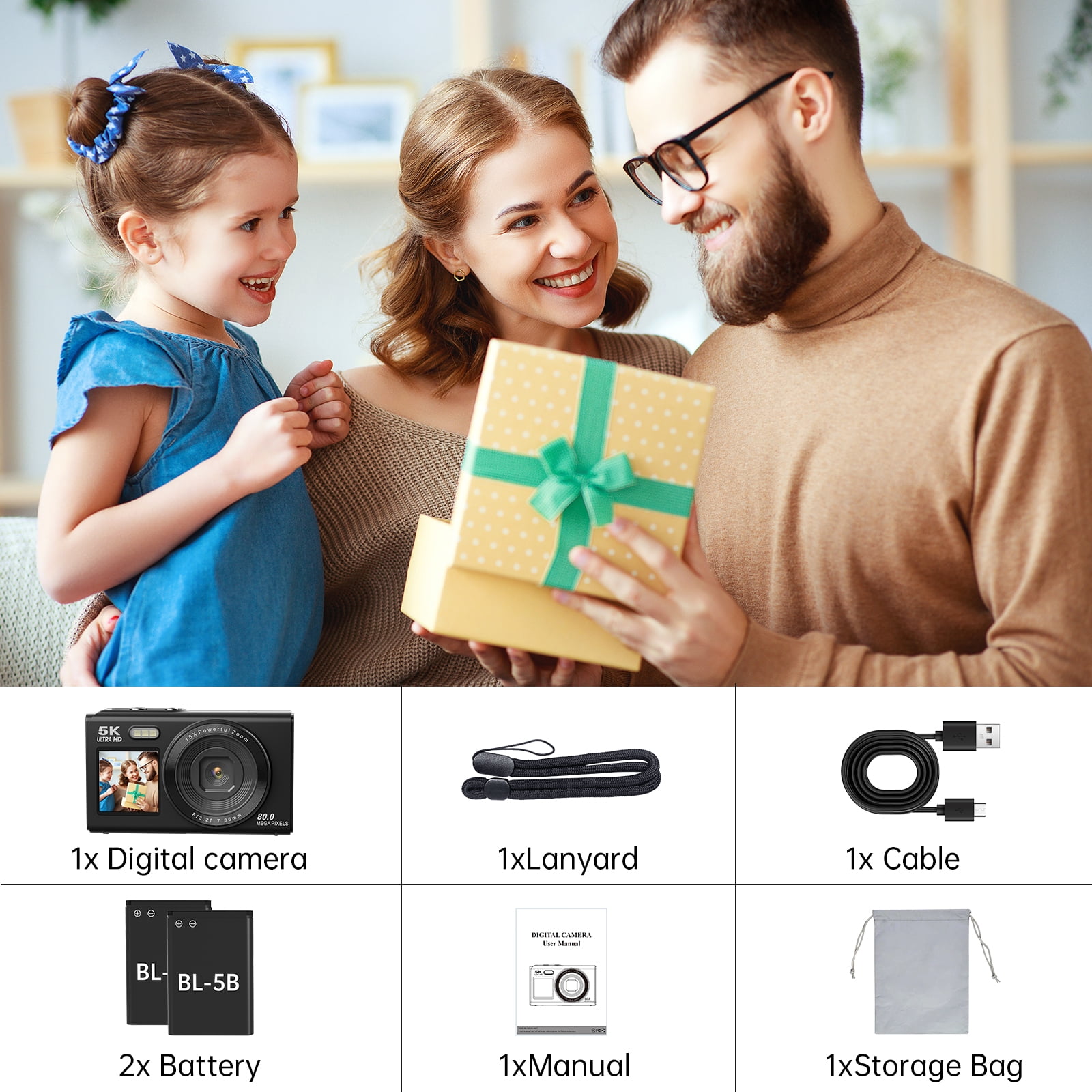 XLURC 5K 80MP Digital Camera for Photography Wifi Dual Screen Vlogging Camera for Youtube Autofocus Travel Camera 18X Digital Zoom with 32GB Card & 2x Battery (Black)