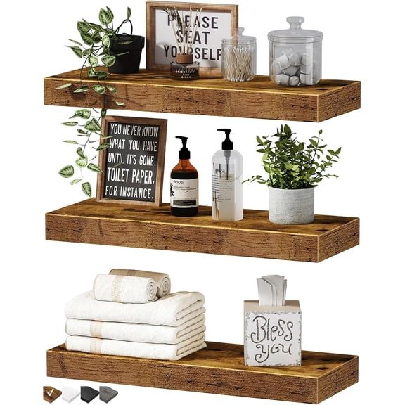 Rustic Brown Floating Shelves, 16 Inch Set of 3 – Wall Mounted Farmhouse Decor for Bathroom, Bedroom, Kitchen