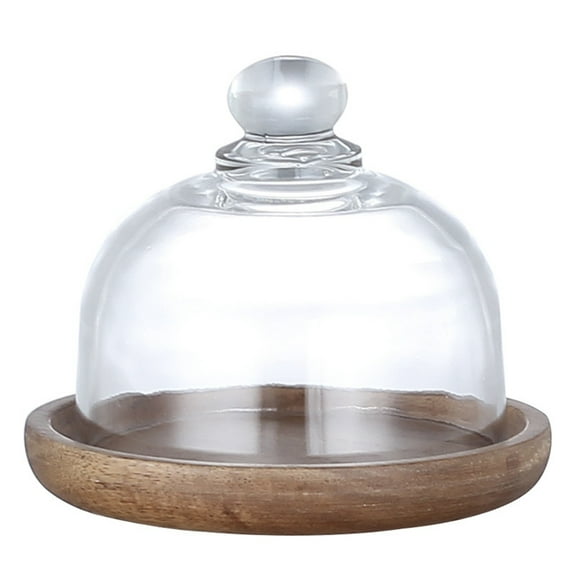 Vintage Round Small Dessert Plate Cheese Cloche Dome with Acacia Wood Serving Tray Mousse Tray Cake Plate Wooden Glass Cover Dessert Serving Tray