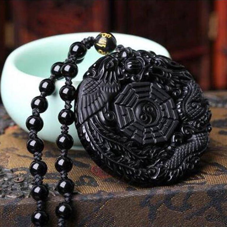 Unisex Obsidian Necklace Nature Stone Carving Dragon Phoenix