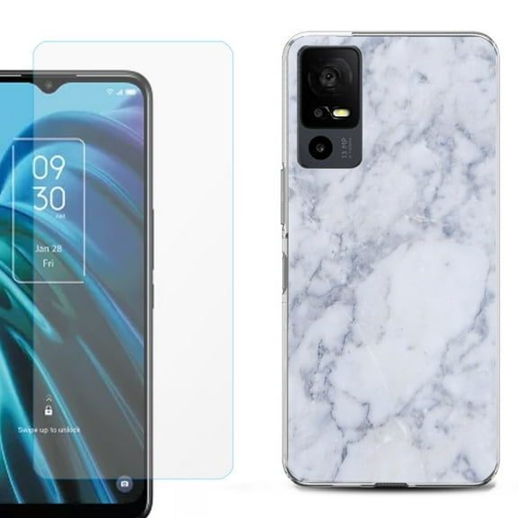 OneToughShield ® for TCL 40 XE 5G Shockproof Fashion Phone Case, with Tempered Glass Screen Protector - Marble / Clouds