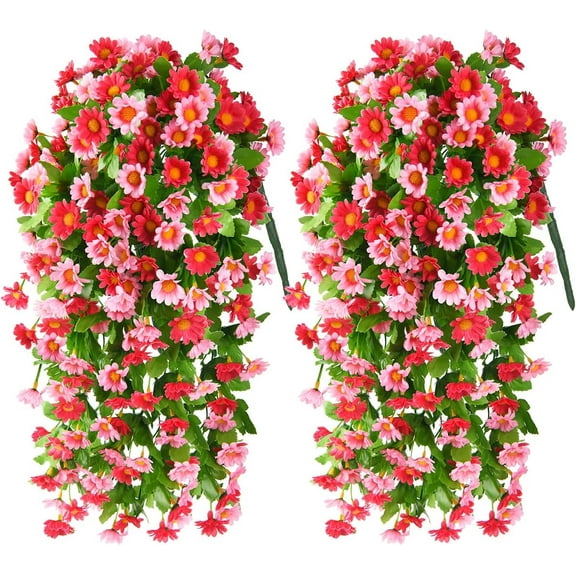 2 Pack Artificial Hanging Flowers, Fake Hanging Plants Multicolor Daisy Flower Bouquet for Wall Home Room Garden Wedding Indoor Outdoor Spring Decoration(Deep Pink)