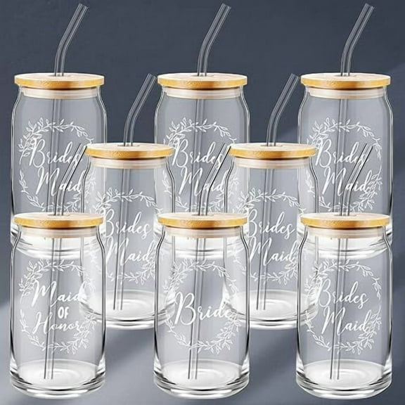 8 Pcs Bridesmaid Proposal Gifts 16 oz Glass Cups Maid of Honor Gift Mother of the Bride, Mother of the Groom, Matron of Honor Bridal Shower Gifts Tumbler Wedding Favors Bachelor Party Favors