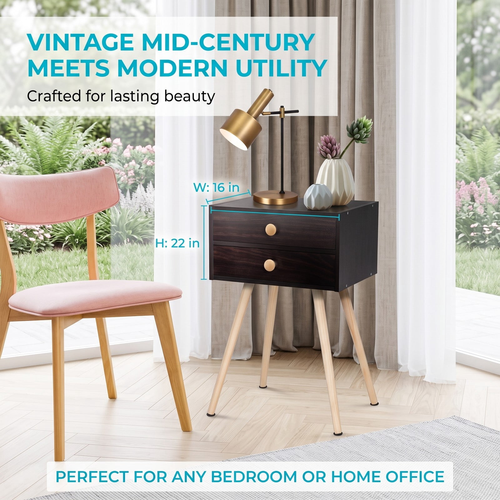 Furnibear Mid Century 2-Drawer Nightstand with Angled Solid Wood Legs and Anti-Tipping Kit for Bedroom and Living Room, Espresso