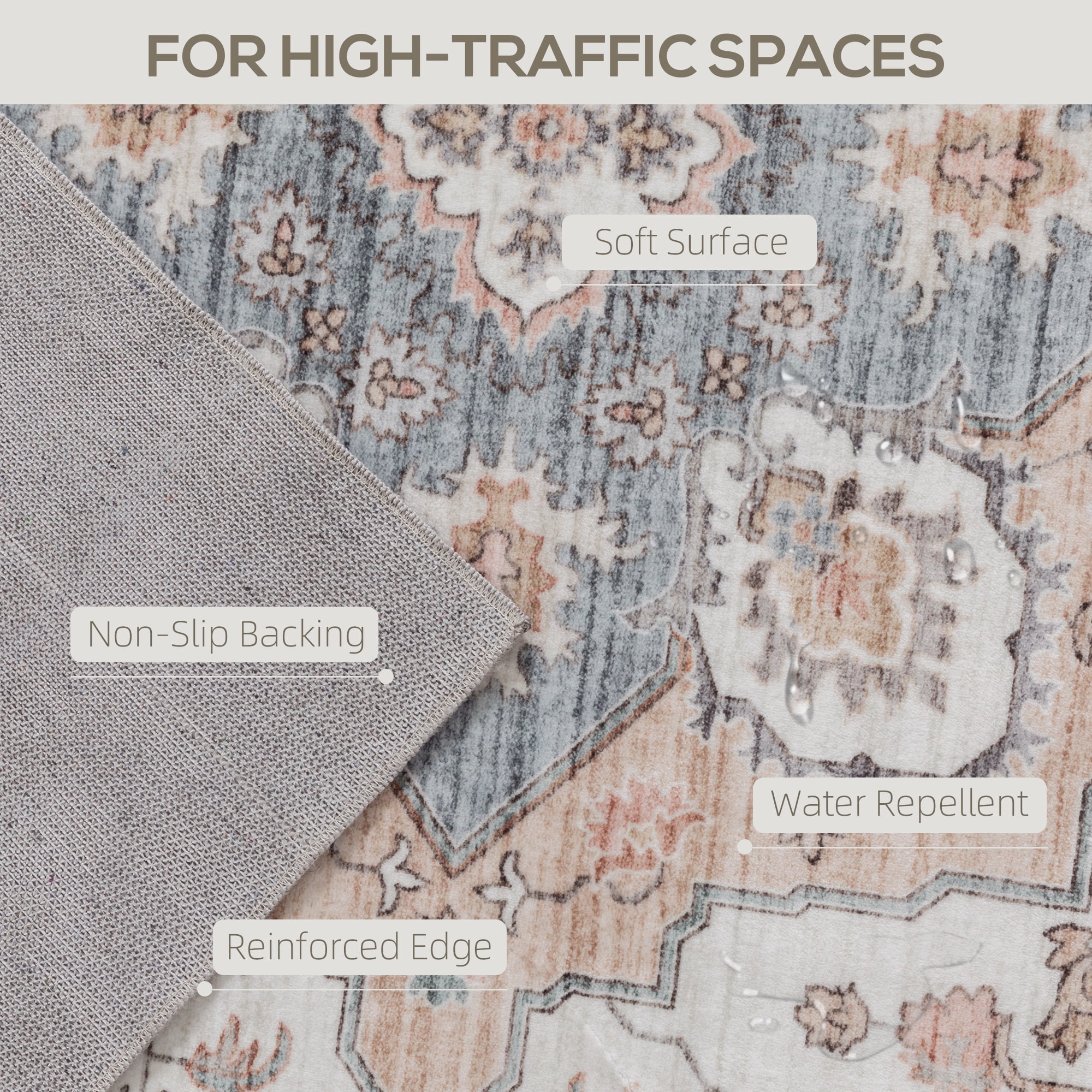 4' x 6' Area Rug, Vintage Pattern Rug with Anti-Slip TPR Backing, Soft Floor Carpet for High Traffic Living Room, Easy to Clean
