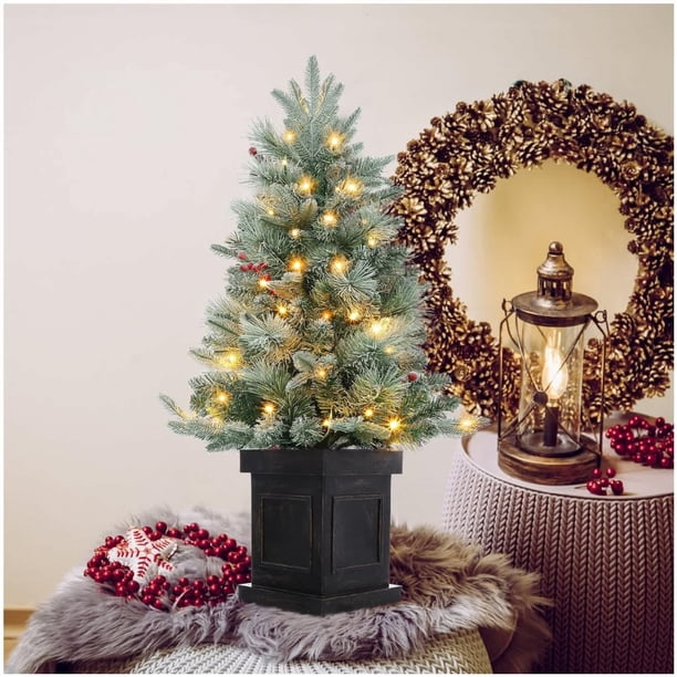 3 - ft artificial christmas tree con square base, 78 LED lights, red berry decorations: easy installation para holidays