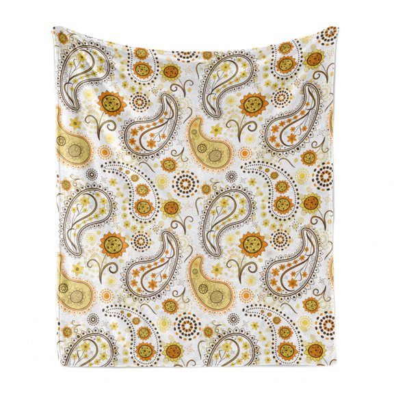 Sunflower Soft Flannel Fleece Throw Blanket, Floral Pattern with Sunflowers and Paisley Vintage Boho, Cozy Plush for Indoor and Outdoor Use, 50" x 70", Orange Yellow White, by Ambesonne