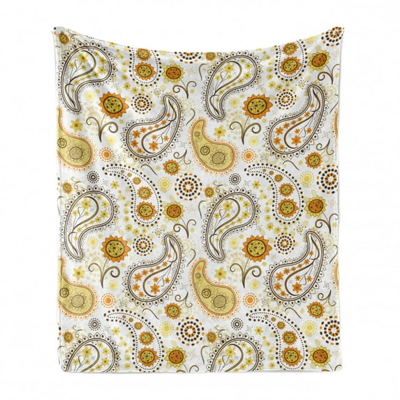 Sunflower Soft Flannel Fleece Throw Blanket, Floral Pattern with Sunflowers and Paisley Vintage Boho, Cozy Plush for Indoor and Outdoor Use, 50" x 70", Orange Yellow White, by Ambesonne
