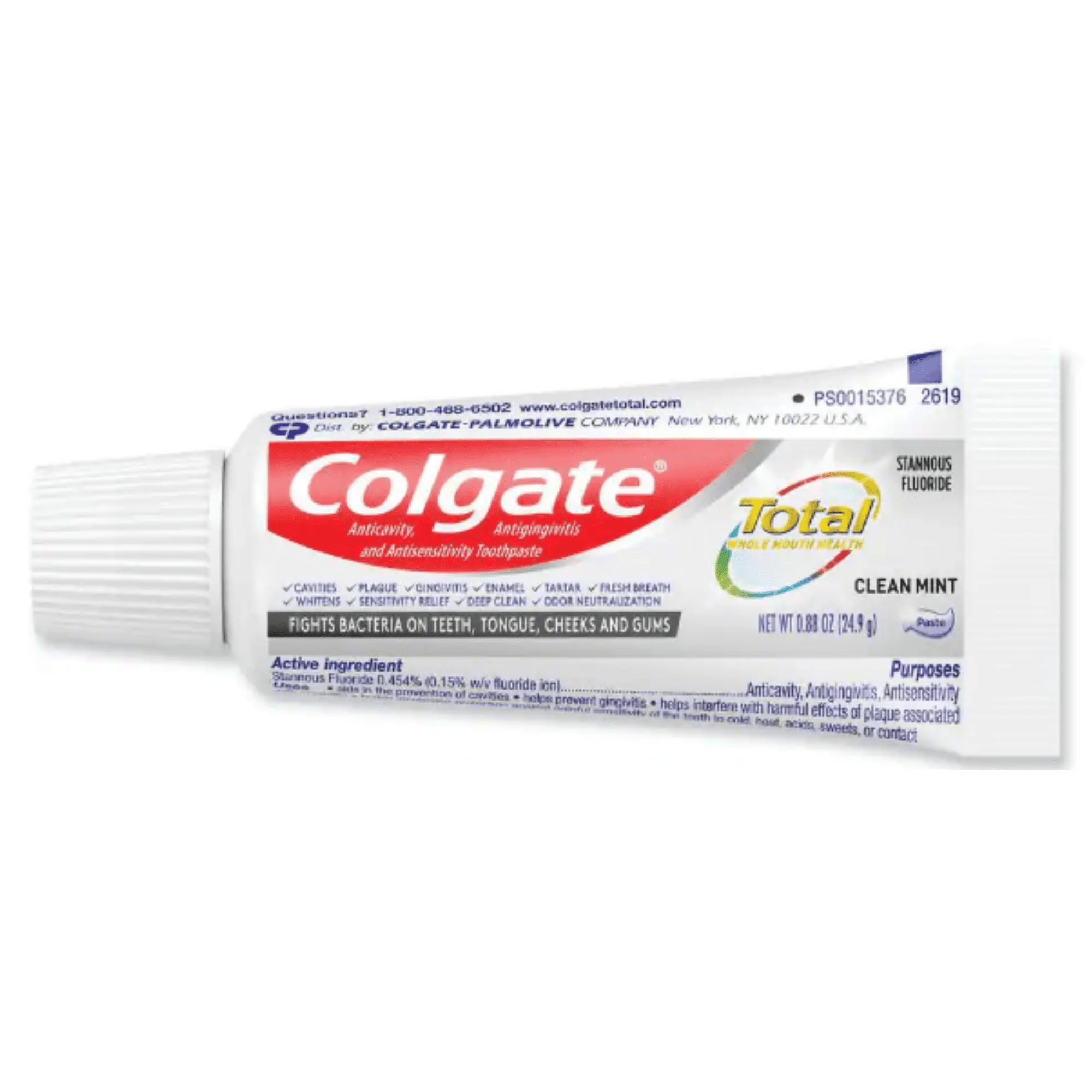 Colgate TOTAL WHOLE MOUTH HEALTH Toothpaste, CLEAN MINT FLAVOR, 0.88 Oz. TRAVEL or HOSPITALITY Size , 24 Tubes (CASE)