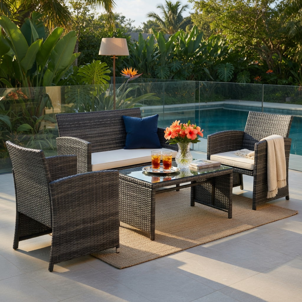 Hommoo 4-Piece Outdoor Rattan Patio Furniture Set, Loveseat + 2 Single Sofas + Tempered Glass Coffee Table for Backyard, Balcony & Garden, White