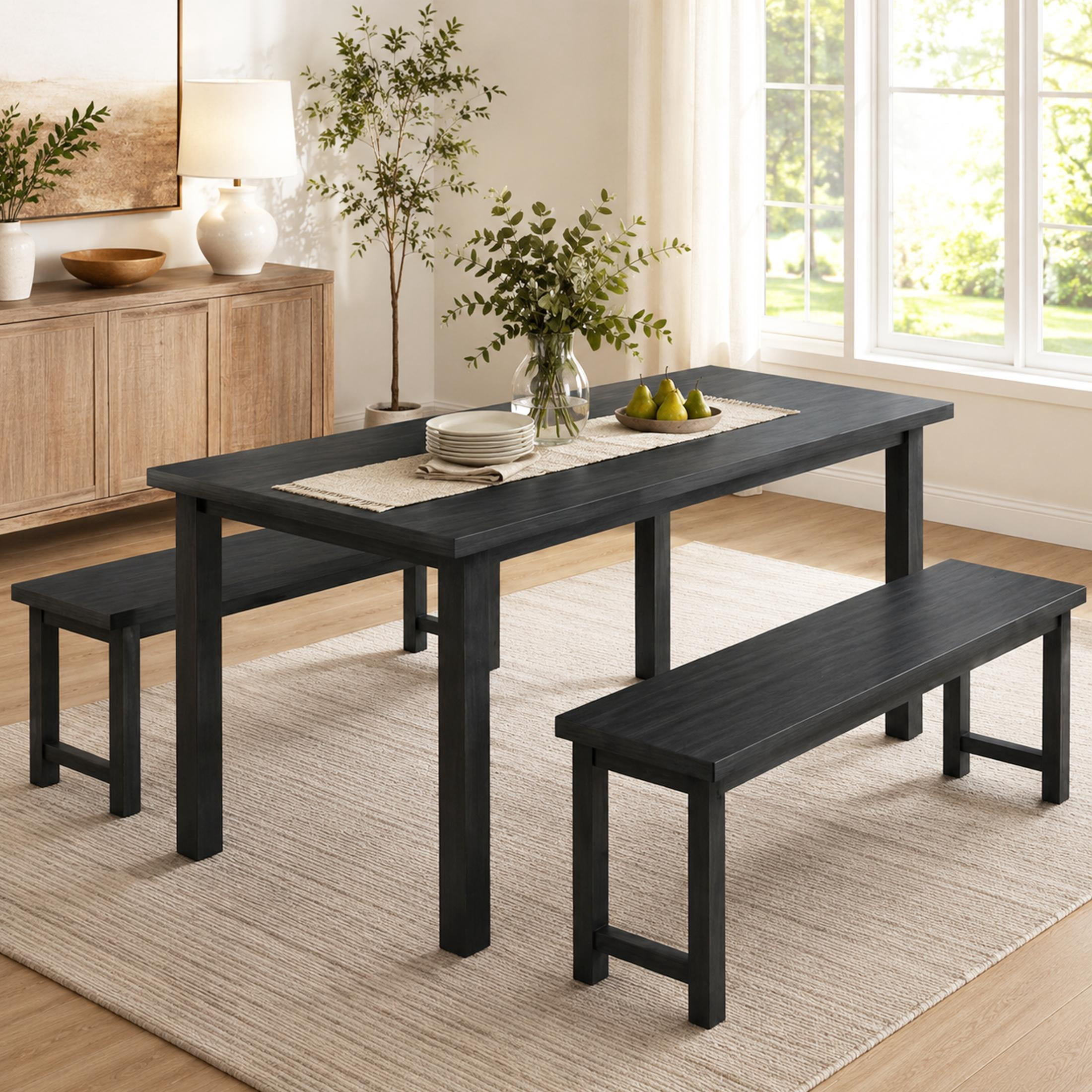 PORKISS 3 Piece Dining Table Set for 4, Kitchen Table with 2 Benches, Modern Dining Room Table Set with Metal Frame, Space Saving Breakfast Nook Table Set for Small Spaces, Apartment, Black