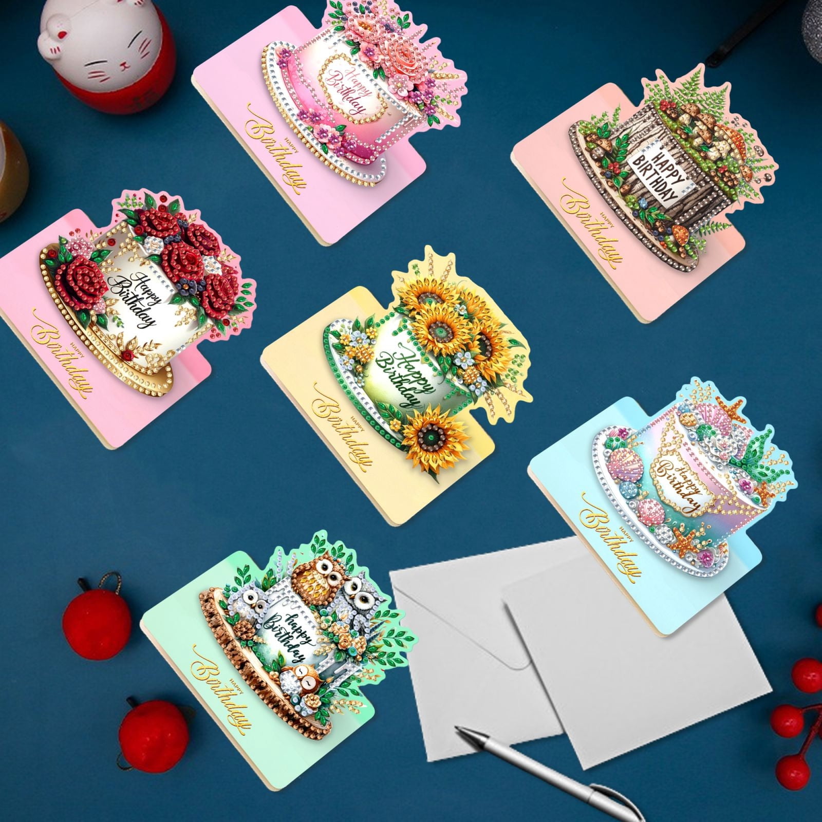 FLOPESN 24Pcs Happy Birthday DIY Diamond Art Painting Greeting Card,3D Folding Card Kit,White 4.5X9.1in Envelopes for Festival Gift