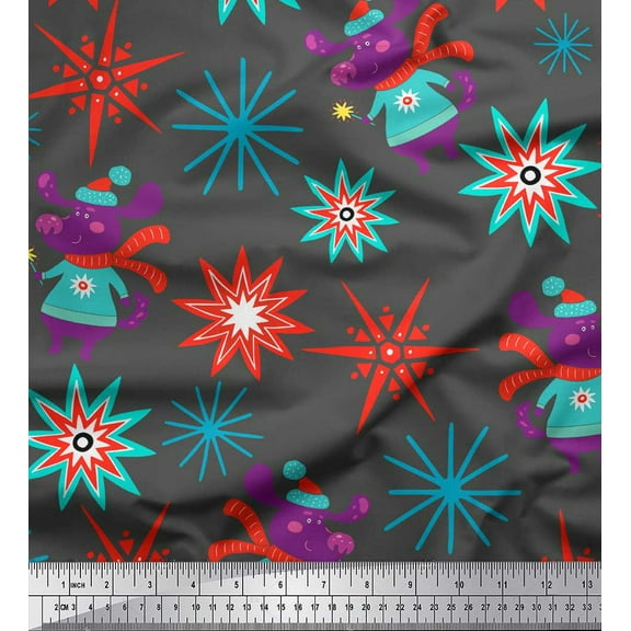 Soimoi Gray Cotton Duck Fabric Snowflake & Pig Kids Decor Fabric Printed Yard 42 Inch Wide