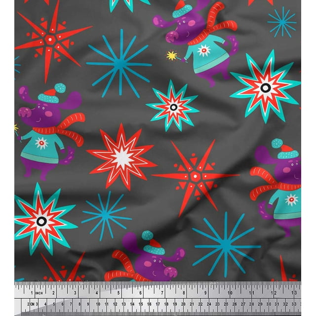 Soimoi Gray Velvet Fabric Snowflake & Pig Kids Decor Fabric Printed Yard 58 Inch Wide