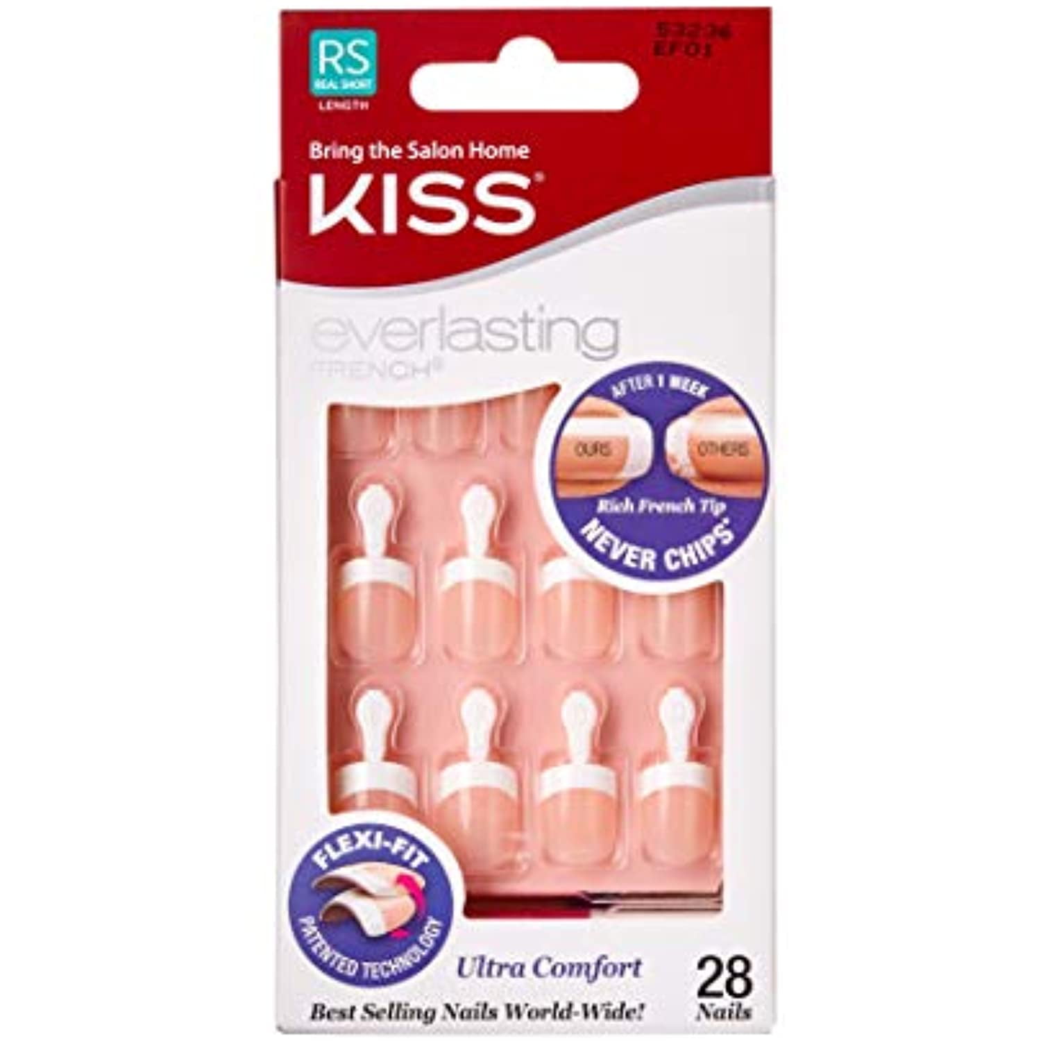 Kiss Everlasting French Nail Manicure, Chip-Free With Flexi-Fit Technology, Real Short, 'Endless', Nail Kit With Pink Nail Glue (Net Wt. 2 G / 0.07Oz.), Mini File, Manicure Stick, And 28 Fake Nails