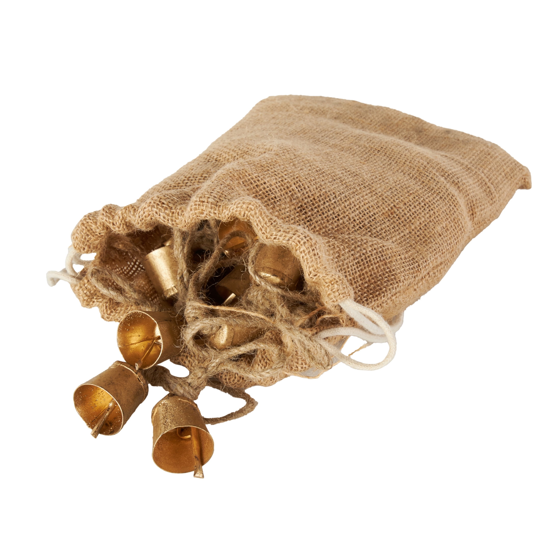 DecMode Tibetan Inspired Gold Metal Round Decorative Bells with Jute Rope and Canvas Tote, 36 Count