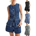 thumbnail image 3 of Honganda Women 2 Pcs Denim Outfits Sleeveless Button Up Tank Tops Solid Color Shorts Sets, 3 of 9
