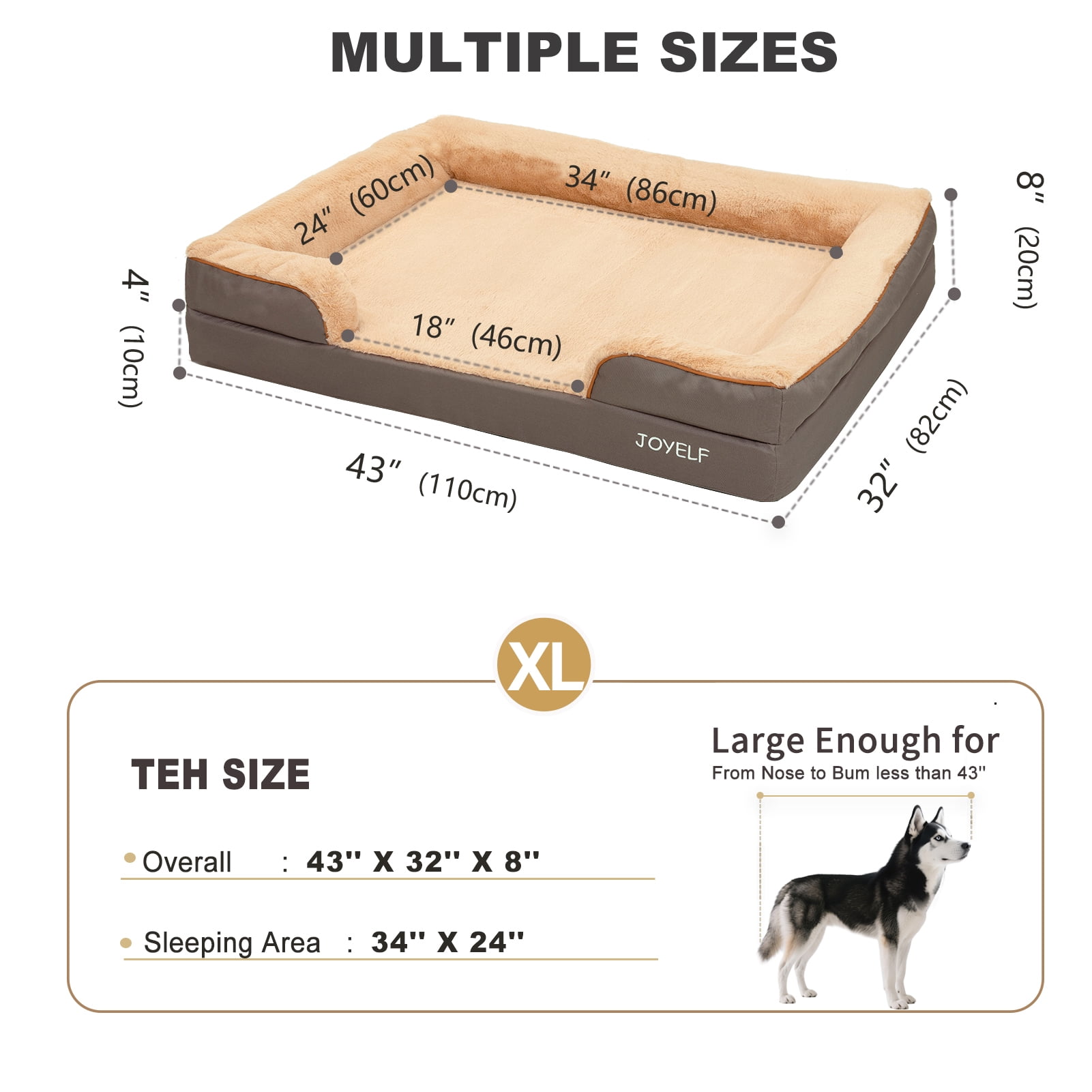 JOYELF Orthopedic Dog Bed for Extra Large Dogs, Foam Sofa Couch Bed, Bolster Waterproof Pet Bed with Washable Cover and Nonskid Bottom, Durable Dog Bed Couch or Comfortable Sleep