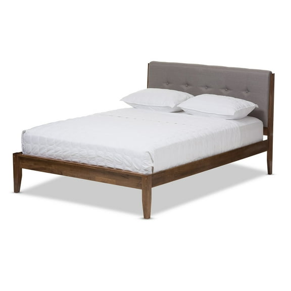 Baxton Studio Leyton Mid-Century Fabric and Medium Brown Finish Wood Platform Bed, Multiple Colors and Sizes