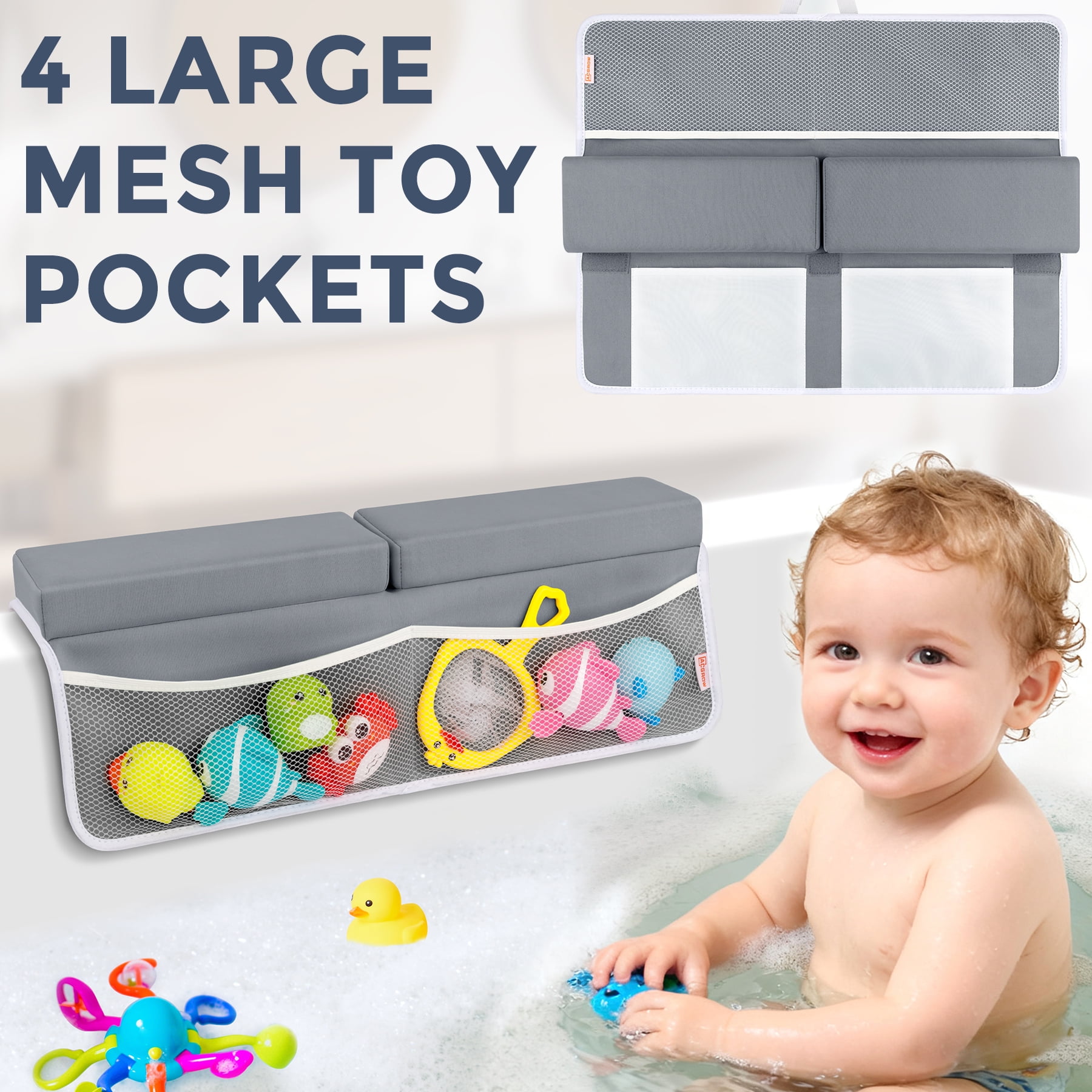 ACGROW Bath Kneeler and Elbow Rest Pad Set - 1.5" Thick Baby Bath Kneeler Pads with Toys Organizer, Anti-Slip Cozy Knee & Arm Support Bathtub Mat, Quick Dry Kneeling Pad for Baby Bath Time Dark Gray