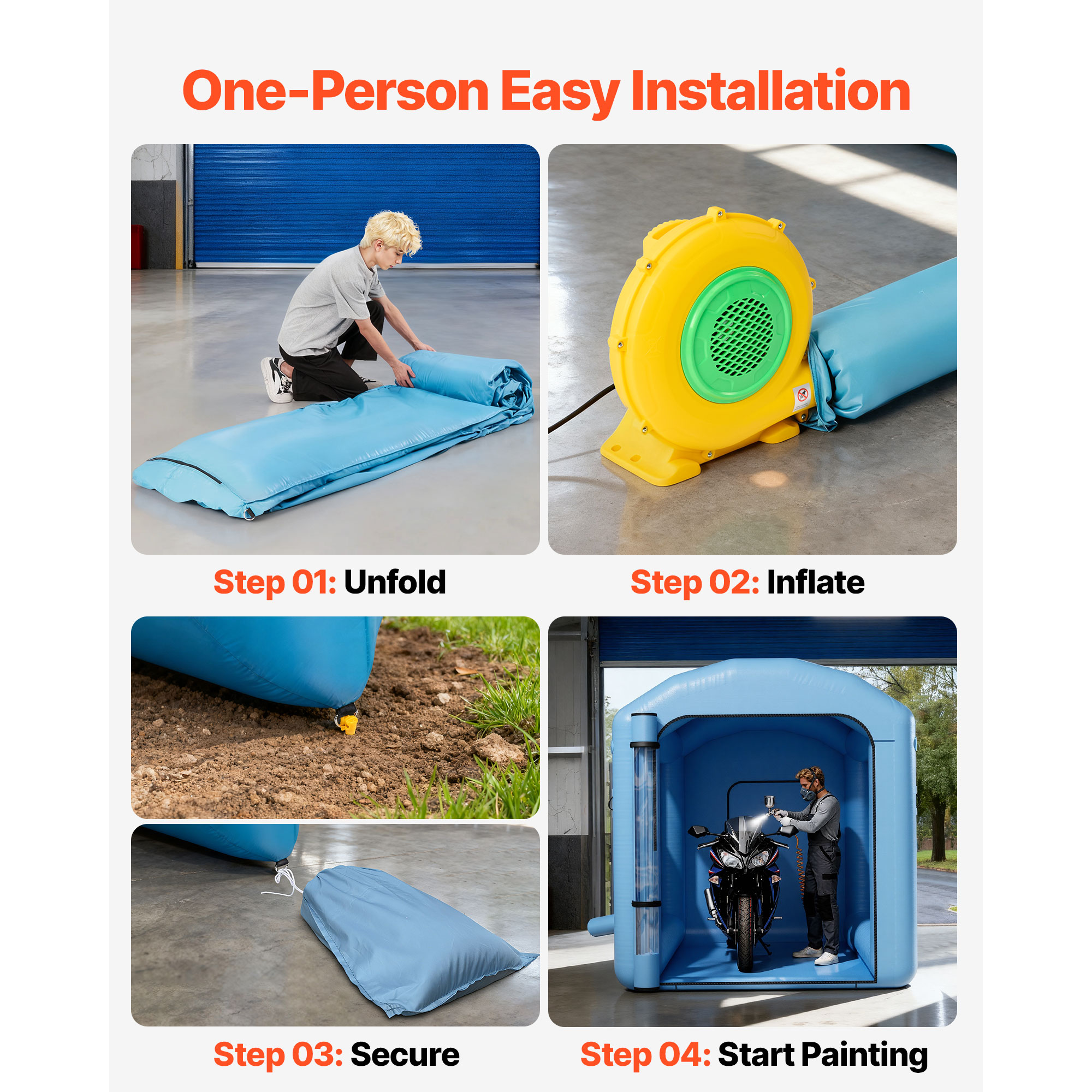 KFFKFF Inflatable Paint Booth, 9.84 x 8.2 x 8.2 ft, Spray Booth with 550W Blower and Air Filtration System, Rounded Roof with Light Attachment, Suitable for Painting Bikes, Motorcycles, and Furniture